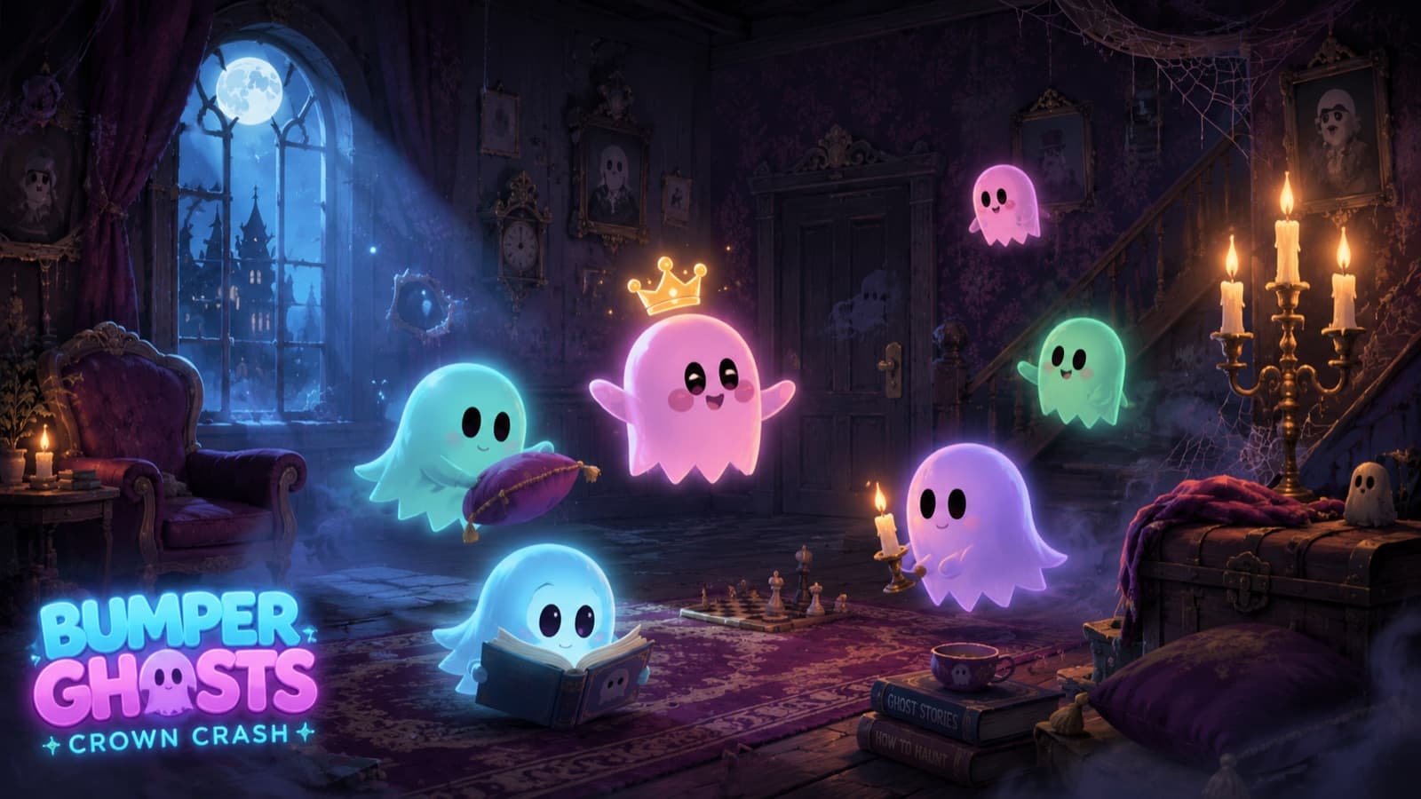 Bumper Ghosts — Crown Crash: adorable haunted-manor ghosts scramble for a glowing gold crown in a moonlit parlor.